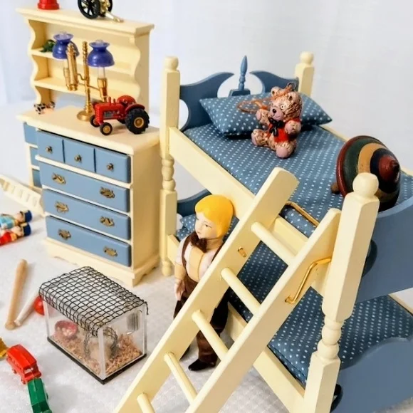 Vintage Doll House Bedroom Set with Blue and Cream Furniture - Picture 1 of 9